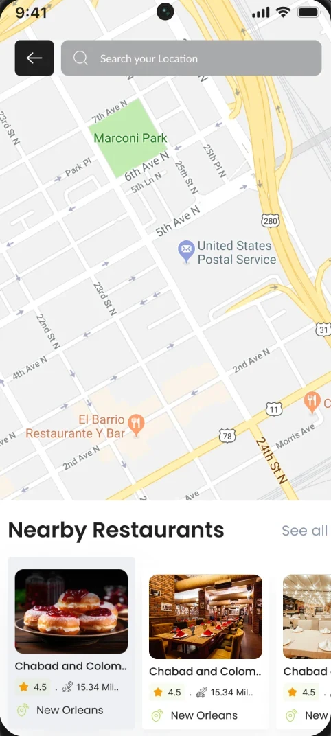 KosherGuru map showing nearby kosher restaurants