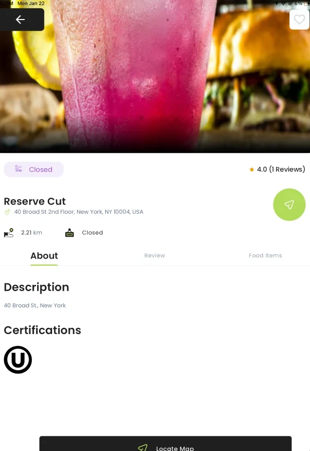 Restaurant page showing its kosher certification